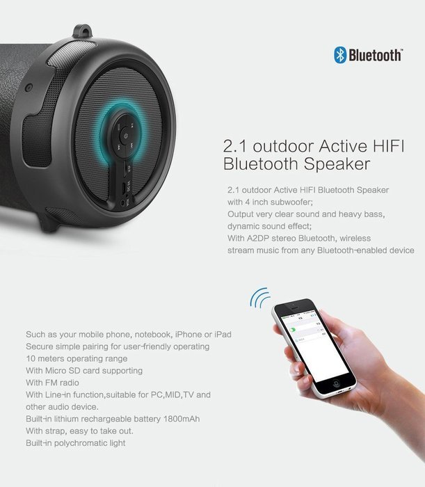 Perbeat Bluetooth Speaker for iPhone/iPod/Android 2.1 Hi-Fi 4" Sub, Portable Indoor Outdoor with Great Sound.... N7