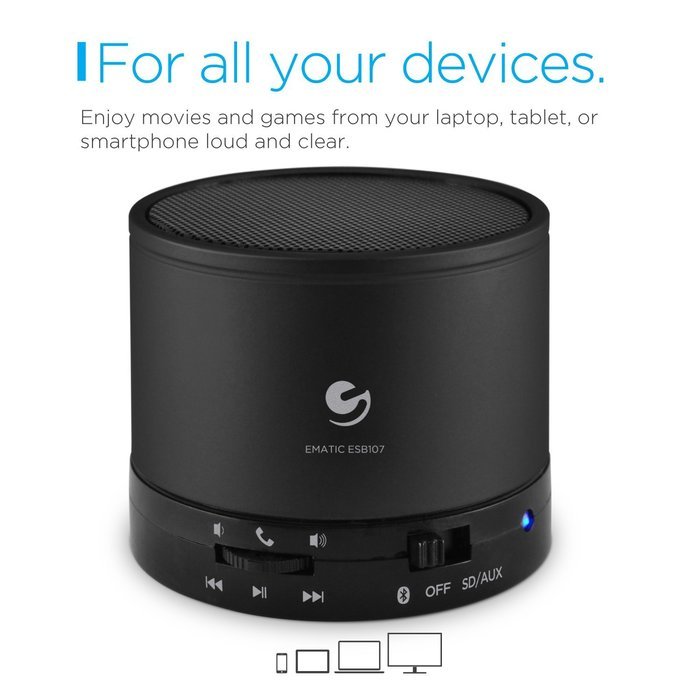 Ematic Bluetooth Wireless Speaker & Speakerphone for iPhone, iPad, iPod, Android devices, & Laptops, Black N2