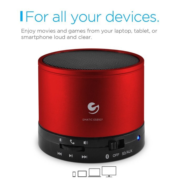 Ematic Bluetooth Wireless Speaker & Speakerphone for iPhone, iPad, iPod, Android devices, & Laptops, Black N7