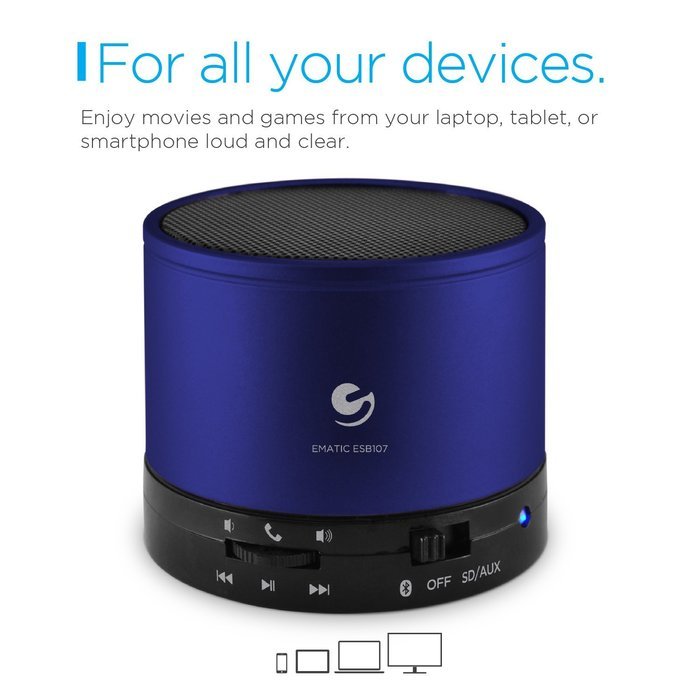 Ematic Bluetooth Wireless Speaker & Speakerphone for iPhone, iPad, iPod, Android devices, & Laptops, Black N12