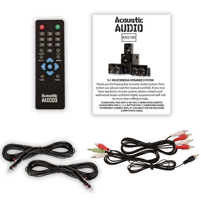 Acoustic Audio AA5160 Home Theater 5.1 Speaker System with FM Tuner and 2 Extension Cables N2