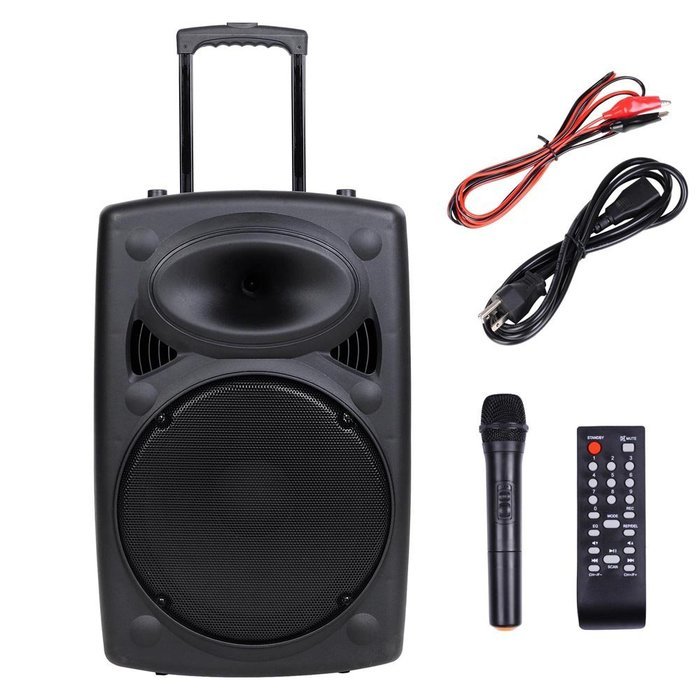 AW 1500W Portable Active PA Speaker w/ Wireless Microphone Guitar AMP Bluetooth USB SD LCD FM Party Show