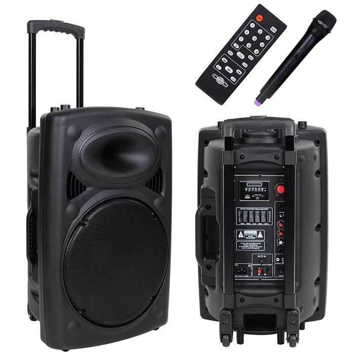 AW 1500W Portable Active PA Speaker w/ Wireless Microphone Guitar AMP Bluetooth USB SD LCD FM Party Show N9