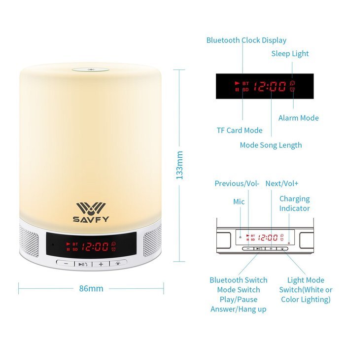 LED Bluetooth Speaker, SAVFY Portable Wireless Speakers with LED Table Lamp, Alarm Clock, Hands-Free Speakerphone... N3