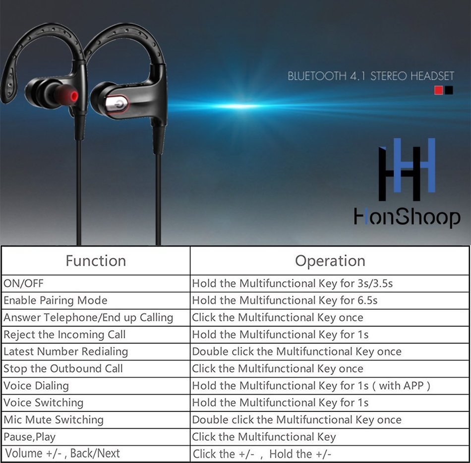 Bluetooth Headphones Sport,Honshoop Bluetooth 4.1 Earphones True HD Stereo Sound Super Bass Noise Cancelling Headsets... N11