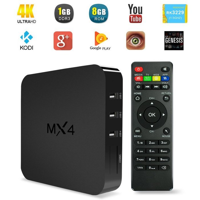 YUNTAB MX4 Android 4K TV BOX RK3229 Quad Core CPU 1G/8G WIFI HDMI With Xbmc Kodi H.265 Video DLAN Miracast Video...