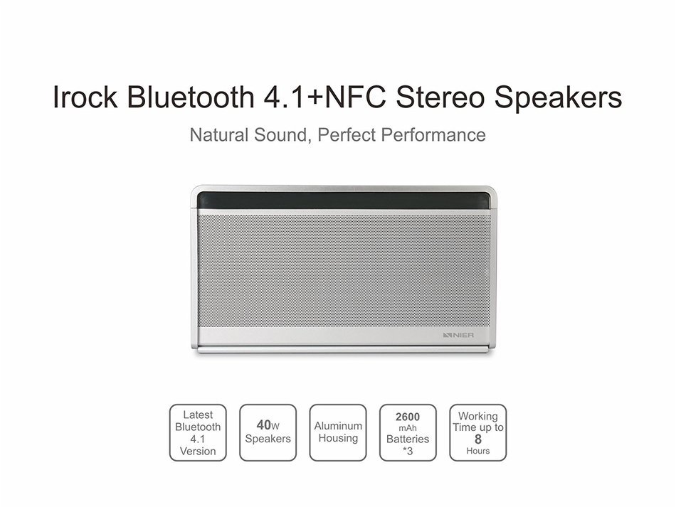 NIER iRock Portable Wireless Bluetooth 4.1 Speakers, Aluminum Housing, 10W4 total 40W with EQ Function (Silver) N4