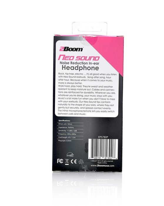2BOOM Wired Noise Isolation In Ear Hands Free Digital Sport Buds with Microphone Pink N3