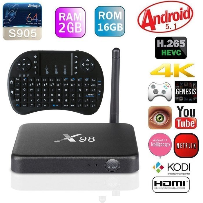 Joinwe-world X98 2GB/16GB Quad Core Android 5.1 Lollipop Android TV Box With i8 2.4GHz Mini Wireless Keyboard