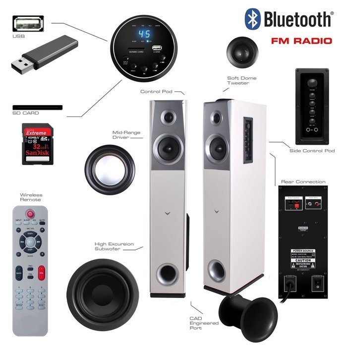 Visonik Cherry Floorstanding Powered Home Bluetooth Tower Speakers (Pair) N2