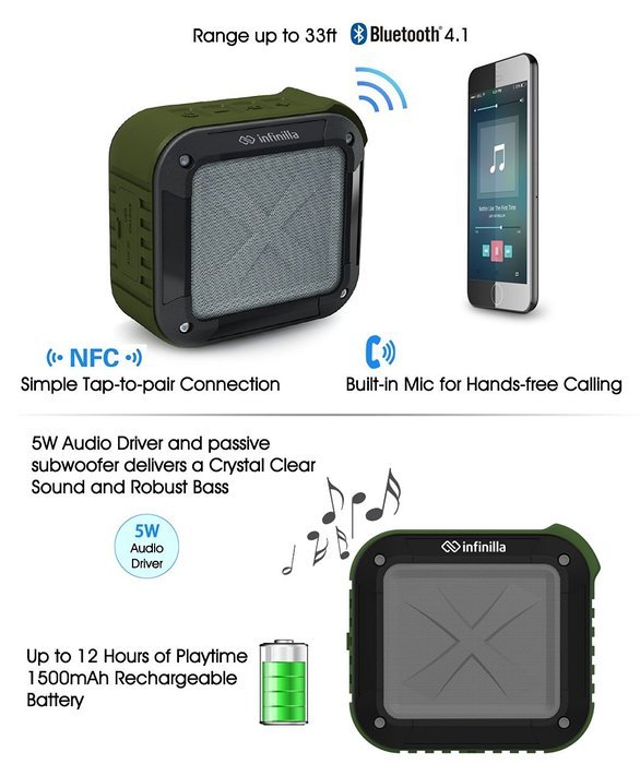 Infinilla IN-BS03 Waterproof Bluetooth Speaker, 4.1 Portable Outdoor and Shower Wireless Speakers/Super Bass/12... N9