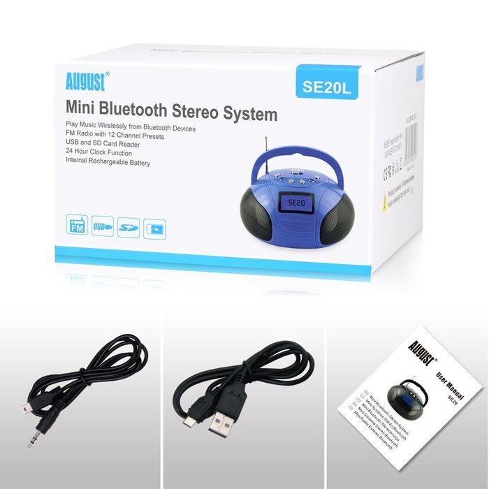 August SE20 &ndash; Mini Bluetooth MP3 Stereo System &ndash; Portable Radio with Powerful Bluetooth Speaker- FM Alarm Clock... N15