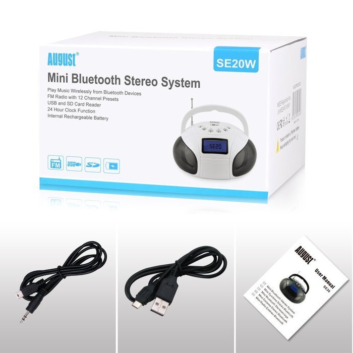 August SE20 &ndash; Mini Bluetooth MP3 Stereo System &ndash; Portable Radio with Powerful Bluetooth Speaker- FM Alarm Clock... N20