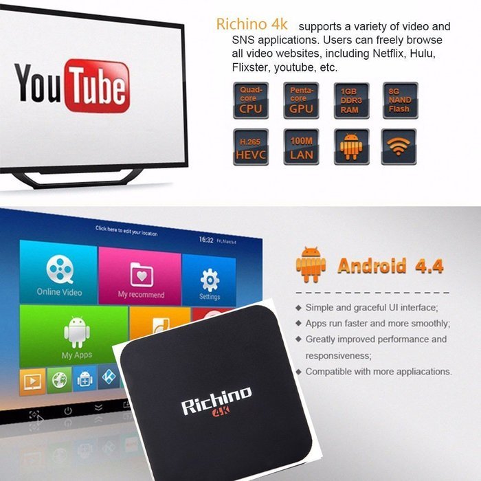 2016 NEWEST Richino Q1 Pro Android 4.4 KODI 16.0 4K OTT TV BOX RK3229 Quad core 1GB/8GB,3D,64 bit Full Loaded... N3