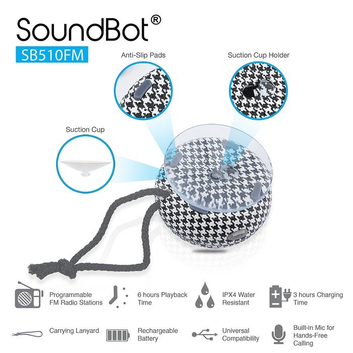SoundBot SB510FM FM RADIO Water Resistant Bluetooth Wireless Shower Speaker with Built-in Mic, Detachable Suction... N2