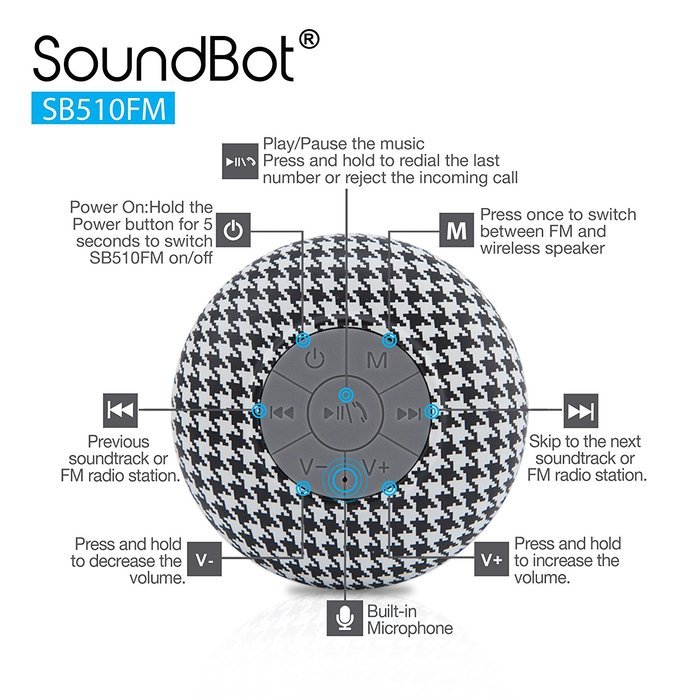 SoundBot SB510FM FM RADIO Water Resistant Bluetooth Wireless Shower Speaker with Built-in Mic, Detachable Suction... N5