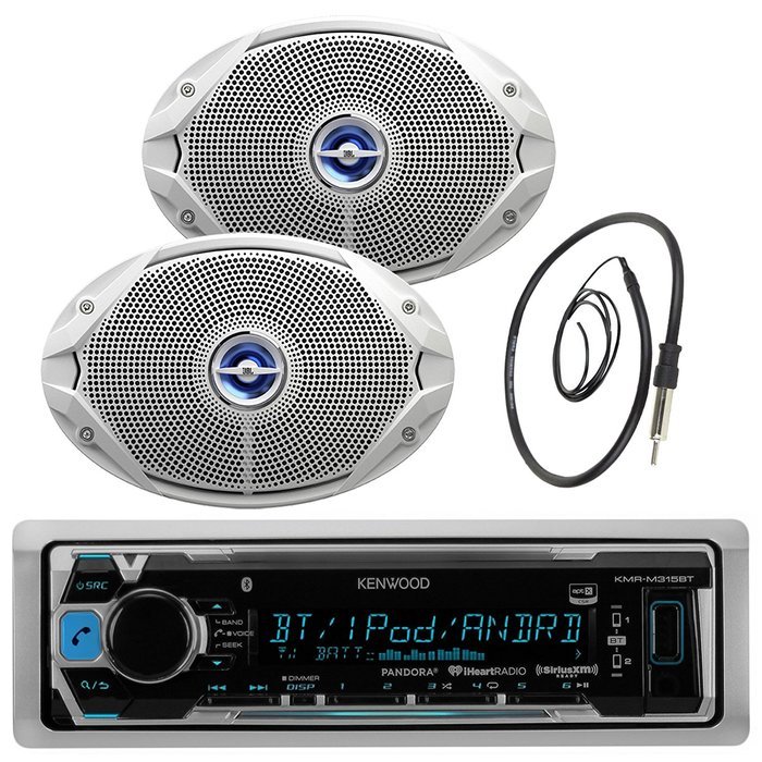 Kenwood KMR-M315BT Marine Bluetooth Digital USB AUX iPod iPhone Radio Stereo Player With 2x JBL 6" x 9" Inch Silver...