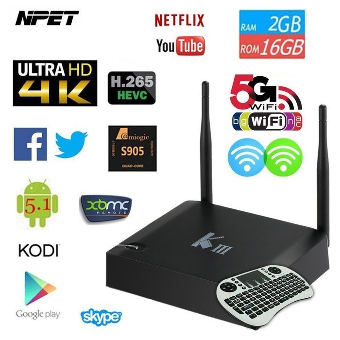 [Free with Keyboard] NPET KIII Android 5.1 Lollipop Amlogic S905 2GB 16GB Kodi 16.1 TV BOX 4K Wifi Bluetooth Streaming...