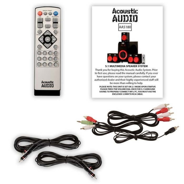 Acoustic Audio AA5180 Home Theater 5.1 Bluetooth Speaker System with FM and 2 Extension Cables N2