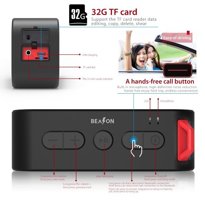 BEASON IPX5 Waterproof Portable Bluetooth Speaker with 10 Hours Playtime, Superior Sound Shower Beach Hiking Camping... N14