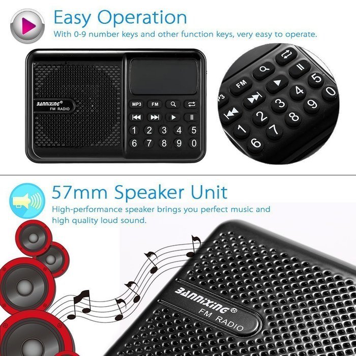 Anncia Mini Digital Media Portable Music MP3 Player Micro SD/TF USB Disk Speaker FM Radio. (69E Red) N10