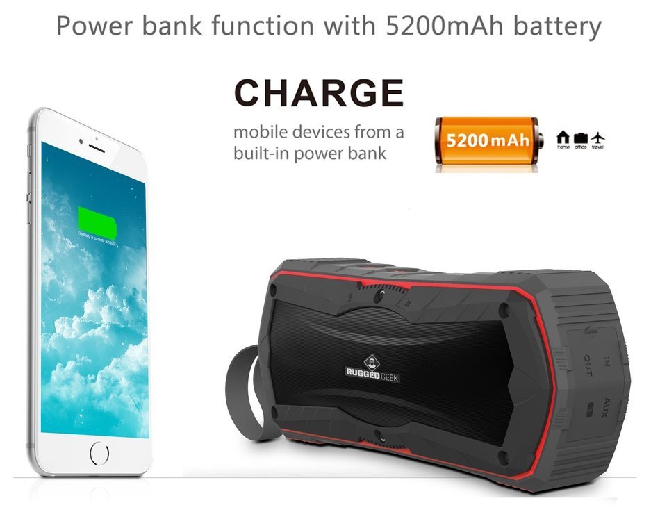Rugged Geek GEEKBEATS JOLT5 10W X-Bass Wireless Portable Bluetooth Speaker and Charger / USB Power Bank - Red.... N2