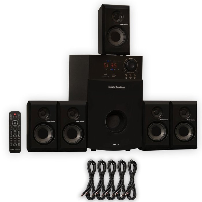 Theater Solutions TS514 Home Theater 5.1 Speaker System with USB FM Tuner and 5 Extension Cables