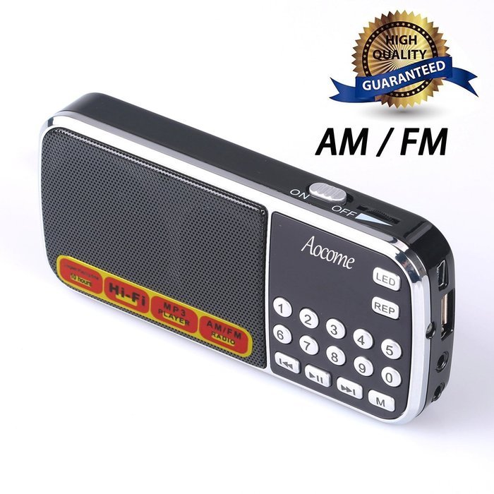 Aocome Portable Mini AM FM Radio Clear Speaker Music Player, Micro SD/TF Card Slot, USB Charging Cord, Rechargeable...