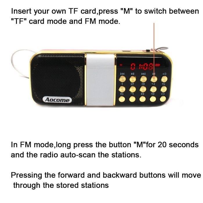 Aocome Portable Mini AM FM Radio Clear Speaker Music Player, Micro SD/TF Card Slot, USB Charging Cord, Rechargeable... N21