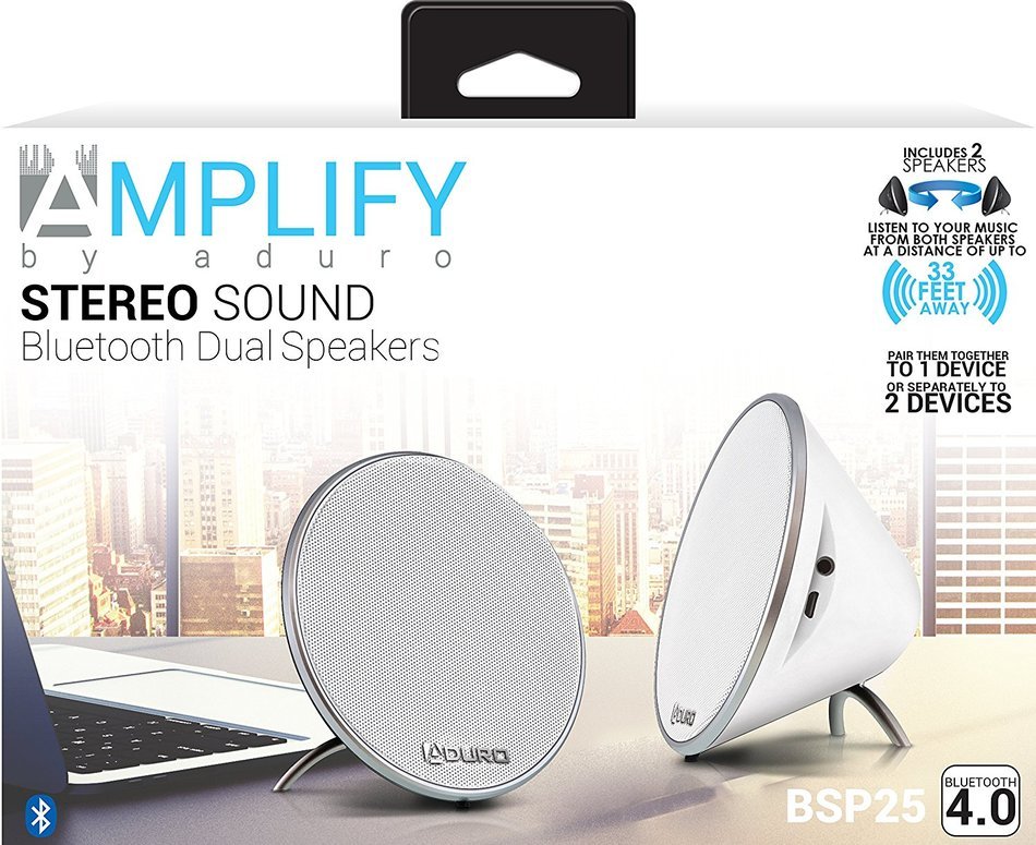 Aduro Amplify DSS-08-BSP25 Wireless Bluetooth 4.0 Dual Stereo Speakers (White) N8