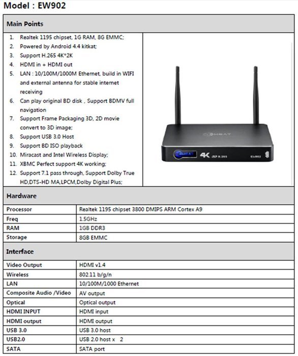 Luckymall Eweat EW902 Android TV Box, SATA Realtek Rtd1195 4K 3D TV Network Media Player 1GB/8GB Ethernet WIFI... N7