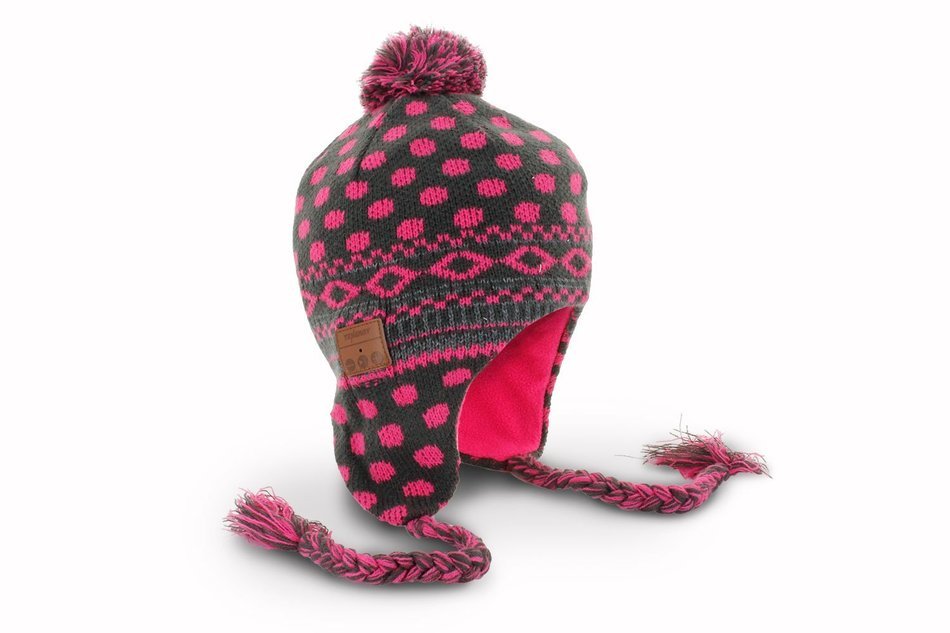 Tenergy Wireless Bluetooth Hands-Free Beanie (PINK & GREY) with PomPoms and Earflaps (built-in stereo speakers...