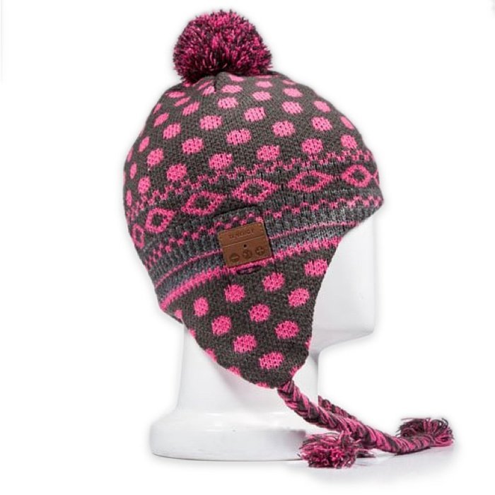 Tenergy Wireless Bluetooth Hands-Free Beanie (PINK & GREY) with PomPoms and Earflaps (built-in stereo speakers... N3