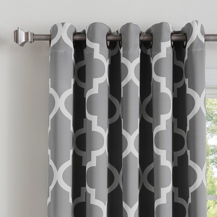 Best Home Fashion Room Darkening Morrocan Print Curtains - Antique Bronze Grommet Top - Grey- 52"W X 63"L - (1... N2