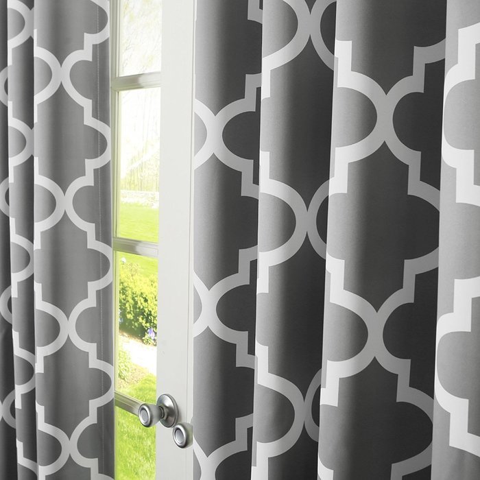 Best Home Fashion Room Darkening Morrocan Print Curtains - Antique Bronze Grommet Top - Grey- 52"W X 63"L - (1... N27