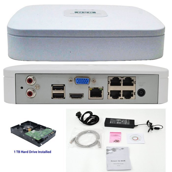 4 Channel Tiny NVR - 4 Channels 1080P @30fps up to 5MP @7fps - 4 POE Ports Built In - 1TB Hard Drive Installed