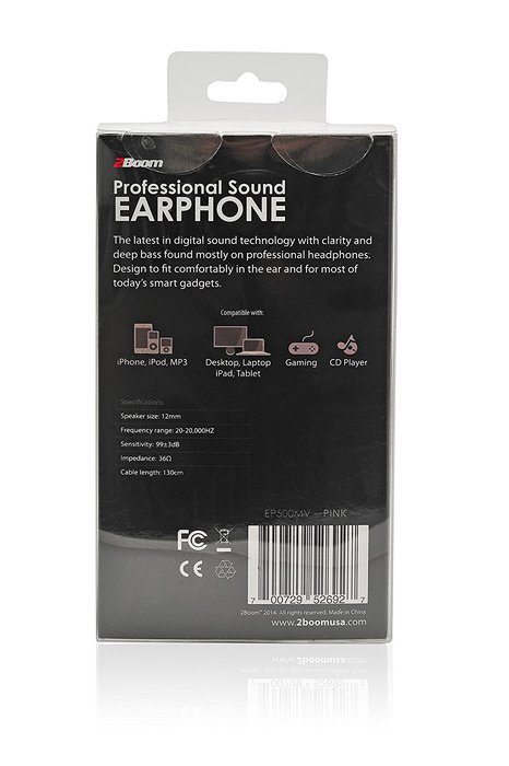 2BOOM Professional Sound Wired Earbuds with Microphone and Volume Control Pink N6
