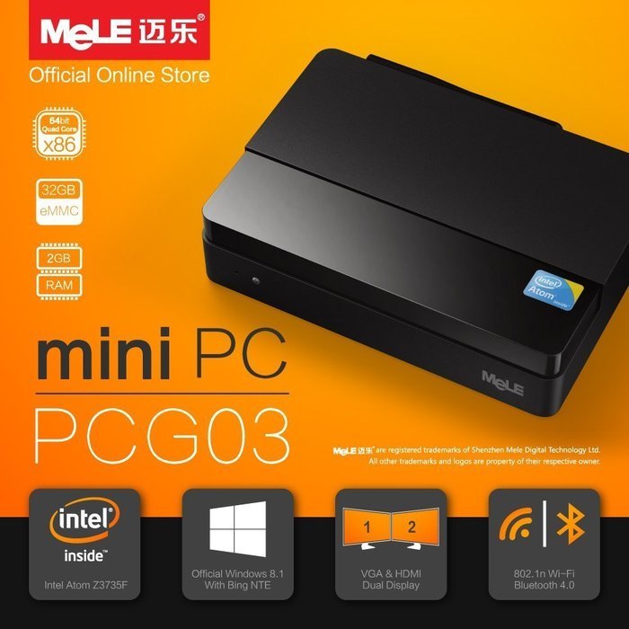 OURSPOP&reg; MeLE PCG03 Quad Core Mini PC 2GB DDR3 32G eMMC with HDMI 1.4 /VGA /LAN /WiFi /Bluetooth 4.0. Pre-install...