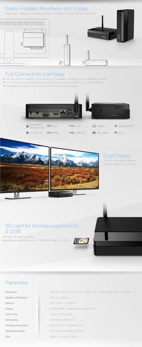 OURSPOP&reg; MeLE PCG03 Quad Core Mini PC 2GB DDR3 32G eMMC with HDMI 1.4 /VGA /LAN /WiFi /Bluetooth 4.0. Pre-install... N5