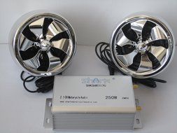 Shark Motorcycle Audio 250W 2 Speakers plus FM radio with 2 Remotes (Wired/Wireless) SD AUX LCD Display + External... N4