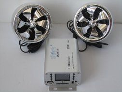 Shark Motorcycle Audio 250W 2 Speakers plus FM radio with 2 Remotes (Wired/Wireless) SD AUX LCD Display + External... N5