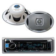 Kenwood Bluetooth USB CD iPod Radio, 2-Lanzar 6x9 500W White Marine Speaker Set