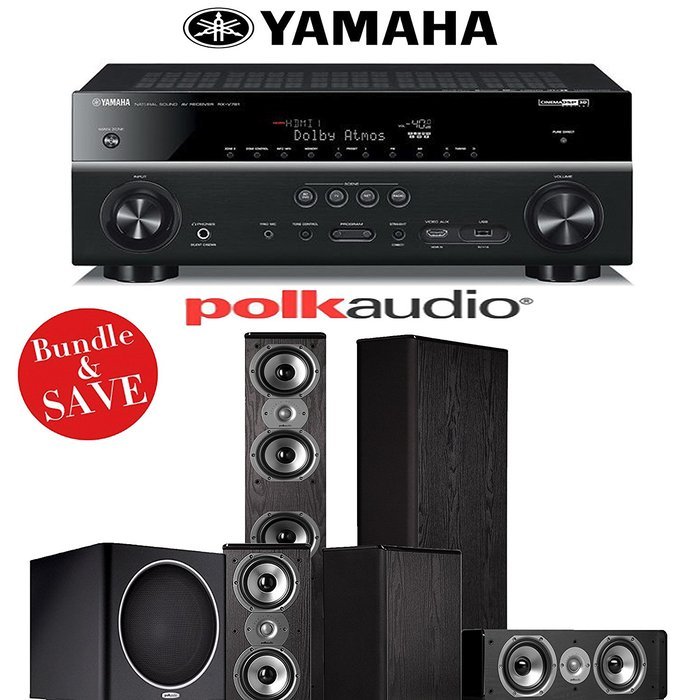 Yamaha RX-V781BL 7.2-Channel 4K A/V Receiver + Polk Audio TSi 400 + Polk Audio TSi 200 + Polk Audio CS10 + Polk...