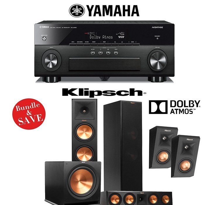 Klipsch RP-280FA 5.1 Dolby Atmos Home Theater System with Yamaha AVENTAGE RX-A860BL A/V Receiver