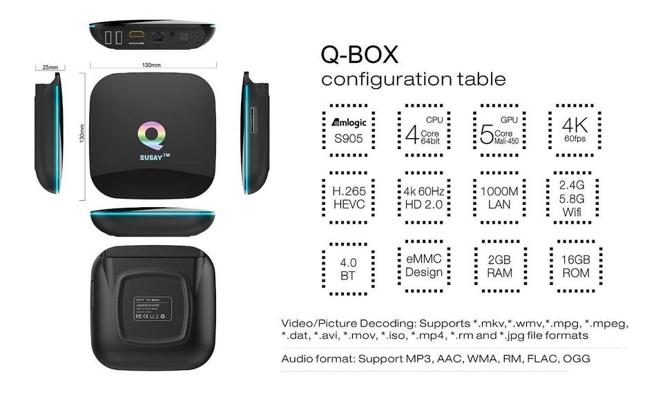 Susay&reg; Q-Box Android 5.1 Lollipop TV Box Quad Core 2GB/16GB 4K UHD 3D 1000M LAN Bluetooth Dual Band 2.4G/5G Wifi... N2