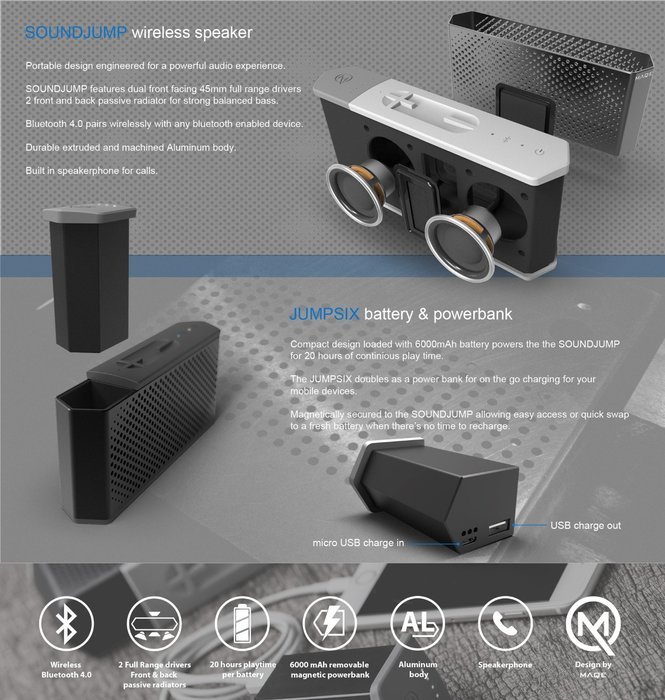 MAQE SOUNDJUMP Aluminum Wireless Bluetooth Speaker with removable magnetic 6000mAh powerbank - Grey N4