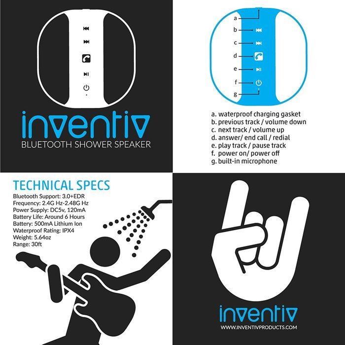 Inventiv SP100 Bluetooth Shower Speaker Waterproof Portable Wireless, Suction Cup /Microphone / Control Buttons... N6