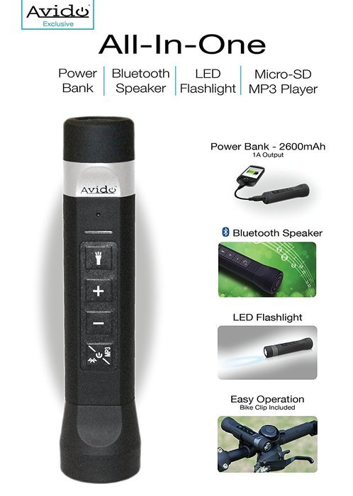 Avido&trade; All-In-One *4 Functions* [2600mAh USB Power Bank, Bluetooth Speaker, Bright LED Flashlight, Micro-SD Card...