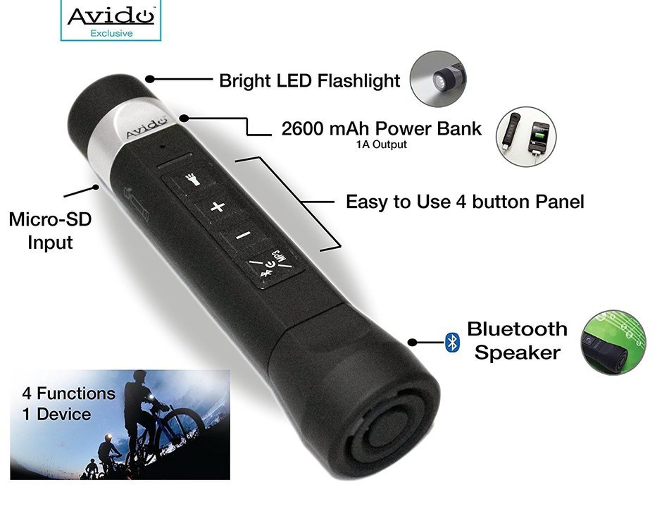 Avido&trade; All-In-One *4 Functions* [2600mAh USB Power Bank, Bluetooth Speaker, Bright LED Flashlight, Micro-SD Card... N2