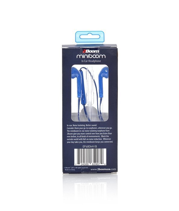 2BOOM Noise Isolating Sport Wired Earbuds Headphones with Microphone and Volume Control Blue N3